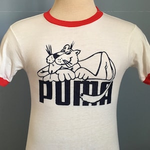 70s 80s Vintage Puma Shoes Athletic Sports Cat Cartoon Logo Ringer 
