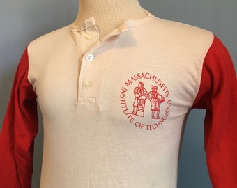 80s Vintage MIT Massachusetts Institute of Technology ncaa college university raglan henley T-Shirt - SMALL