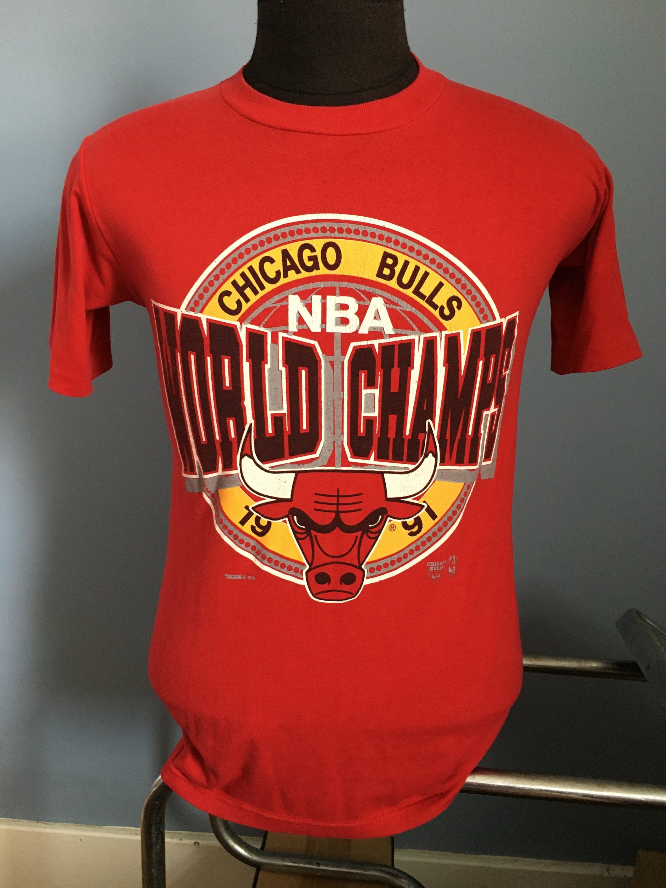 Mitchell and Ness Men's Chicago Bulls NBA 1991 Champions Graphic T-Shirt in White/White Size Medium | 100% Cotton