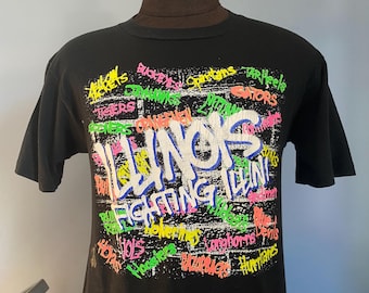 Camiseta vintage de los años 80 con grafiti de la Universidad de Illinois Fighting Illini (talla grande)