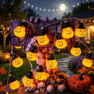 May include: A string of orange jack-o'-lantern lights, each wearing a black witch hat, draped over a weathered wooden sign that reads DANGER and is supported by a base of sculpted skulls, with a large orange pumpkin sitting nearby.