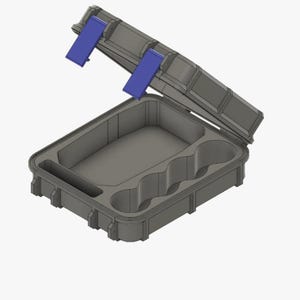 May include: A dark gray rectangular storage case with a hinged lid and two blue plastic latches. The interior features a large open compartment on one side and a series of three connected circular molded sections on the other side for organization.