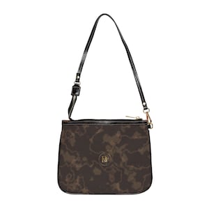 May include: A dark brown handbag with a black, glossy shoulder strap and trim. The bag features a textured, mottled pattern in shades of brown and black, with a gold-toned circular logo containing the letters LW centered on the front exterior.