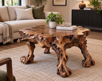 Mesa escultórica de madera de raíz con centro de madera natural, muebles de nogal orgánico, mesa de salón que marca tendencia.