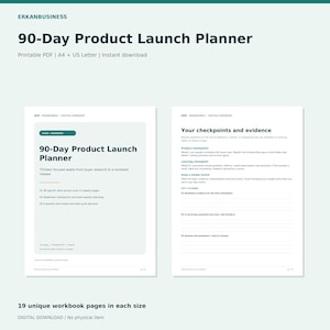 May include: A 90-Day Product Launch Planner digital document featuring a title page and a page titled Your checkpoints and evidence. The layout includes text sections, bullet points, and lined spaces for notes on a white background with dark text.