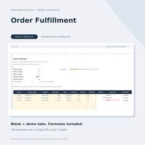 Puede incluir: Una plantilla de Excel para la gestión de pedidos que muestra una vista previa de libro digital con columnas para ID de pedido, cliente, fecha de vencimiento, total, estado de pago, archivo listo, control de calidad y entrega.