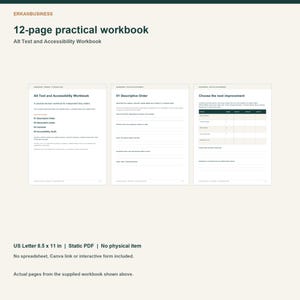 Könnte beinhalten: Ein 12-seitiges praktisches Arbeitsbuch mit dem Titel Alt Text and Accessibility Workbook. Das Dokument zeigt drei Seiten mit Text, Überschriften und einer Tabelle für Verbesserungsmöglichkeiten. Es ist ein statisches PDF im US Letter 8,5 x 11 Zoll Format.