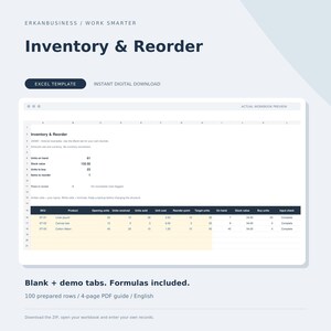 May include: An Excel template for inventory and reorder management featuring a digital spreadsheet preview with columns for SKU, product, units, cost, and stock value. The interface includes demo data, blank tabs, and formulas for tracking business stock.