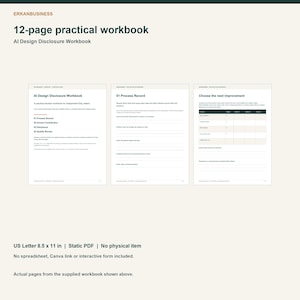以下が含まれることがあります： AI Design Disclosure Workbookというタイトルの12ページのワークブック。静的PDF形式で提供されています。このドキュメントには、プロセス記録、人的貢献、開示、品質レビューのためのセクションが含まれており、独立した販売者向けの構成となっています。