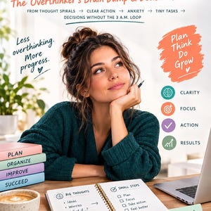 May include: SpiralBreak The Overthinker's Brain Dump & Decision Planner workbook with a spiral-bound notebook open to a page titled Big Thoughts and Small Steps. The planner features sections for planning, organizing, improving, and succeeding.