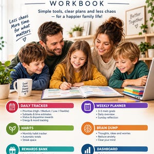 May include: The Family Chaos Coordinator Workbook features a white cover with dark green text. It includes sections for a daily tracker, weekly planner, habits, brain dump, rewards bank, dashboard, and a full guide for family organization.