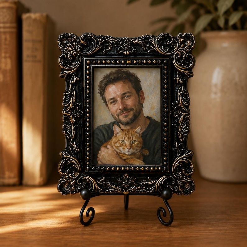 Hand-painted person and pet portrait in an ornate frame