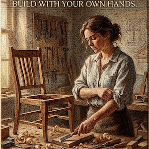 Op de afbeelding: Een getextureerde illustratie van een houtbewerker in een werkplaats met een houten stoel, diverse handgereedschappen en houtkrullen op een werkbank. De tekst bovenaan luidt: BUILDER, NOT SPECTATOR: AGENCY IS FOUND IN WHAT YOU BUILD WITH YOUR OWN HANDS.