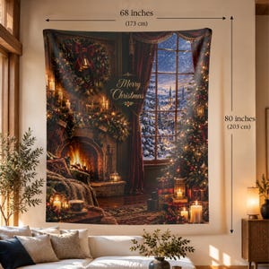 May include: A rectangular wall tapestry featuring a Christmas scene with a fireplace, a decorated tree, and a snowy window view. The text Merry Christmas is centred. It measures 173 cm wide by 203 cm high, as indicated by the visible labels.