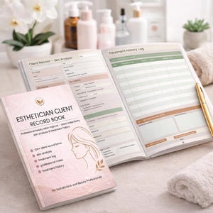 Può includere: Un registro clienti per estetiste aperto con copertina rosa, un disegno al tratto di un volto e il testo Esthetician Client Record Book. Le pagine interne mostrano un modulo di analisi della pelle e una tabella per lo storico dei trattamenti.