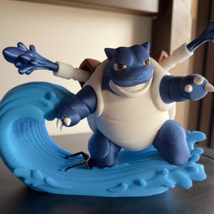 May include: A blue and white bipedal creature figurine with a brown shell on its back, two water cannons extending from its shoulders, and a large light blue sculpted wave base. The creature has a wide grin and pointed ears.