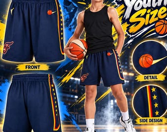 Puede incluir: Pantalones cortos de baloncesto azul marino con una franja lateral roja y amarilla con estrellas, un gráfico de baloncesto y un logotipo de letra F estilizada. El diseño incluye una vista frontal, una vista trasera y un detalle lateral.