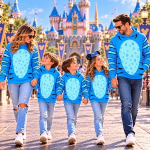 Pode incluir: Uma família de quatro pessoas usa moletons com capuz azul-brilhante combinando, com listras horizontais azul-escuras nas mangas e um painel oval azul-claro no peito com um padrão circular azul-escuro repetido, combinados com calças jeans.
