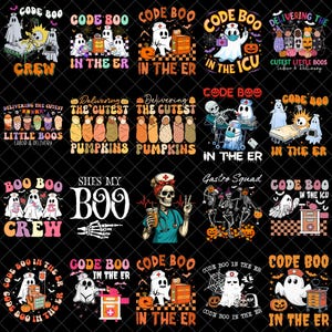 Może przedstawiać: Kolekcja dwudziestu cyfrowych projektów graficznych z ilustracjami o tematyce Halloween, przedstawiającymi duchy przebrane za pielęgniarki, szkielety i dynie. Projekty zawierają napisy takie jak Code Boo in the ER, Code Boo in the ICU oraz Delivering the Cutest Little Boos.
