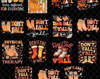 May include: A collection of digital graphic designs featuring cartoon socks, pumpkins, and autumn leaves with the text Don't Fall Y'all, Physical Therapy, and Communication Looks Different For Everyone, set against a black background with grid lines.