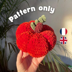 Peut inclure: Une citrouille crochetée en peluche d'un orange vif avec un aspect texturé et doux. Elle présente une petite tige marron foncé et deux feuilles vert clair sur le dessus. Le texte 'Pattern only' est affiché en lettres blanches au-dessus.