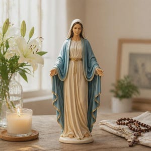 Könnte beinhalten: Eine stehende Figur der Jungfrau Maria, bekleidet mit einem cremefarbenen Gewand und einem hellblauen Umhang mit Goldrand. Die Figur trägt einen Schleier über dem Kopf, hat die Hände nach außen gestreckt und steht auf einem runden Sockel.