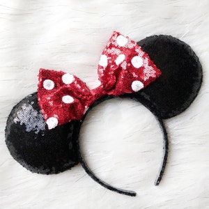 Classic Sequin Minnie Mouse Ears,  Classic Minnie Mouse Ears, Black Sequin Minnie Mouse Ears, Red Polka Dot Sequin Bow Minnie Ears.