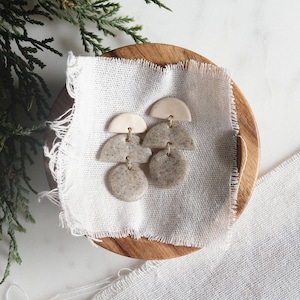 Cream and Granite Semi-Circle Modern Minimalist Clay Statement Earrings | Lightweight | Handmade | Hypoallergenic | Gifts for her
