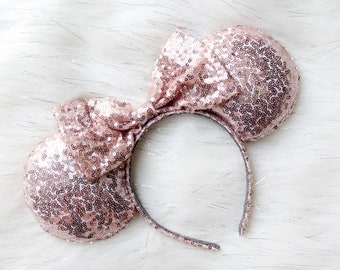 Orecchio di Minnie Mouse con paillettes in oro rosa, Orecchie di Minnie Mouse con paillettes, Orecchie di Minnie con fiocco con paillettes lucide, Orecchie di Minnie Mouse Disney