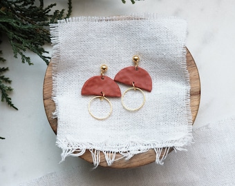 Rust Red and Gold Semicircle/Half Circle Stud Modern Minimalist Clay Statement Earrings | Lightweight | Handmade | Hypoallergenic |Gift
