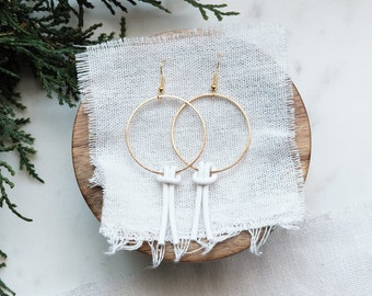 White and Gold Knot Hoop Dangle Modern Minimalist Clay Statement Earrings | Lightweight | Handmade | Hypoallergenic |Gift for her