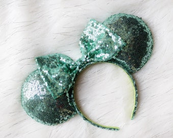 Aqua Green Sequin Minnie Mouse Ears, Sequin Minnie Mouse Ears, Shiny Sequin Bow Minnie Ears, Disney Minnie Mouse Ears