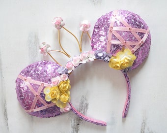 Rapunzel Inspired Minnie Mouse Ears with Crown, Sequins Mini Mouse Ears,Flower Mini Mouse Ears,Disney Mini Mouse Ears