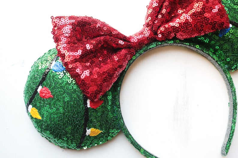 Snoopy Christmas Tree Themed Minnie Mouse Ears, Holiday Minnie Mouse Ears, Christmas Minnie Mouse Ears, Christmas light Minnie Ears. image 4