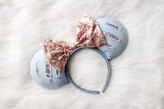 Ripped Jean Ears, Denim Minnie Mouse Ears, Disney Minnie Mouse Ears, Rose Gold Sequin Bow Minnie Ears, Cute Minnie Ears, Blue Jean Ears