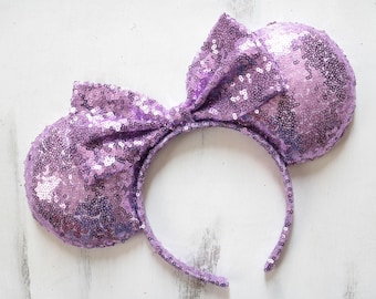 Orecchie di Minnie Mouse con paillettes lavanda, Orecchie di Minnie Mouse con paillettes, Orecchie di Minnie con fiocco con paillettes lucide, Orecchie di Minnie Mouse Disney