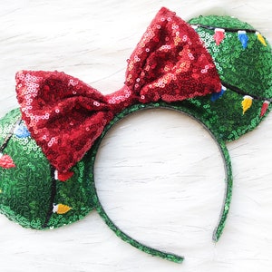 Snoopy Christmas Tree Themed Minnie Mouse Ears, Holiday Minnie Mouse Ears, Christmas Minnie Mouse Ears, Christmas light Minnie Ears. image 1