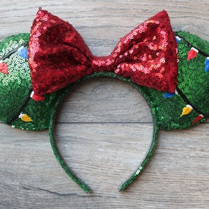 Snoopy Christmas Tree Themed Minnie Mouse Ears, Holiday Minnie Mouse Ears, Christmas Minnie Mouse Ears, Christmas light Minnie Ears. image 3