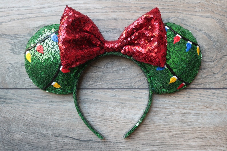 Snoopy Christmas Tree Themed Minnie Mouse Ears, Holiday Minnie Mouse Ears, Christmas Minnie Mouse Ears, Christmas light Minnie Ears. image 3