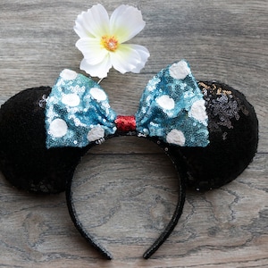 Old Classic With White Flower Minnie Mouse Ears, Black Sequin Minnie Ears, Blue Sequin Bow With Polka Dot Minnie Ears, Disney Minnie Ears.