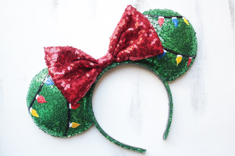 Snoopy Christmas Tree Themed Minnie Mouse Ears, Holiday Minnie Mouse Ears, Christmas Minnie Mouse Ears, Christmas light Minnie Ears. image 2