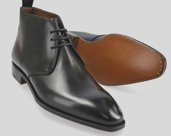 Men's Handmade Black Leather Chukka Boots, Genuine Leather Lace Up Ankle Boots, Classic Dress Casual Custom Footwear