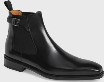 Men's Black Leather Chelsea Boots, Handmade Buckle Strap Dress Ankle Boots