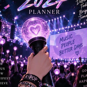 May include: A 2027 planner cover featuring a glowing purple heart-shaped light stick held in a crowd at a concert. The text reads 2027 PLANNER and MUSIC PEOPLE BETTER DAYS. The scene is filled with purple lights and silhouettes of people.