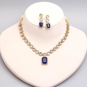 Blue Sapphire & Ruby Red Gemstone Rectangular Pendant Motif, Statement Jewelry Victorian Polish Kundan Polki Necklace Set ,Gift for Her