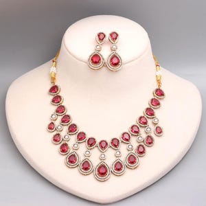Ruby Red & Emerald Green Teardrop Motif, Statement Jewelry ,Victorian Polish Necklace Set ,Gift for Her