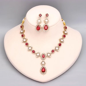 Ruby Red & Emerald Green Gemstone Teardrop and Pearl Motif, Statement Jewelry, Victorian Polish Necklace Set with Earrings gift for her