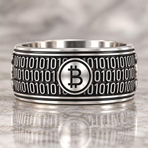 Bitcoin Ring, Oxidized Sterling Silver Band, Crypto Ring for Men