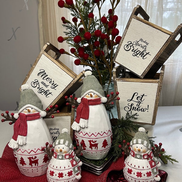 Christmas Wooden Container Planter Container, Red Felt Berry Stem, Nordic Snowman Set, Baskets and Containers for Christmas