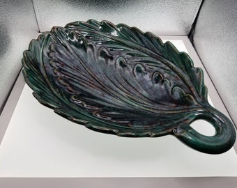 Green Glazed Leaf Candy Dish with brown leaf pattern throughout, excellent condition